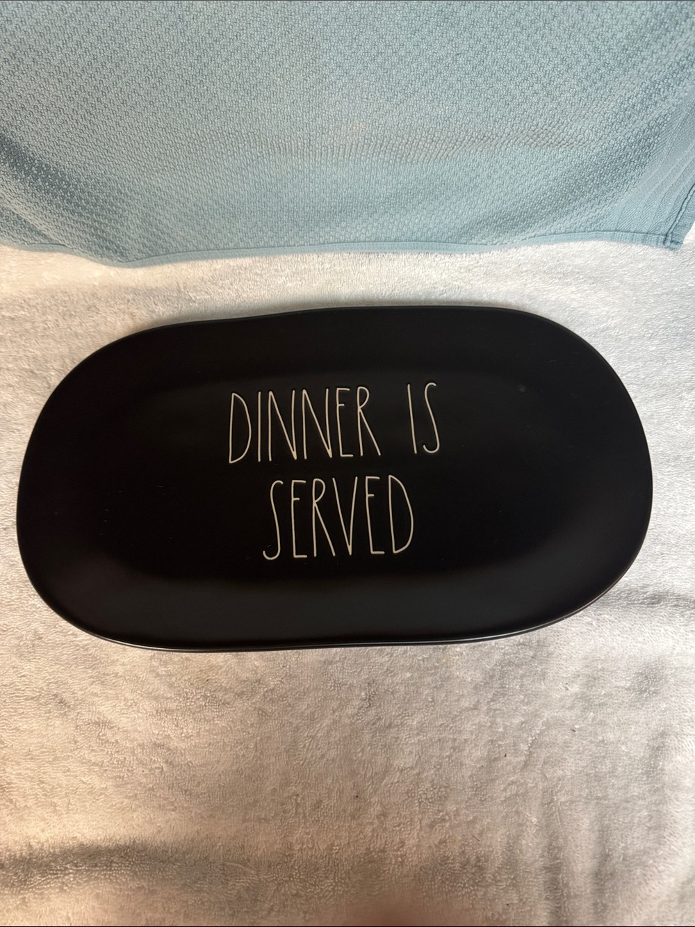 Rae Dunn Black Ceramic Serving Platter with "Dinner Is Served"